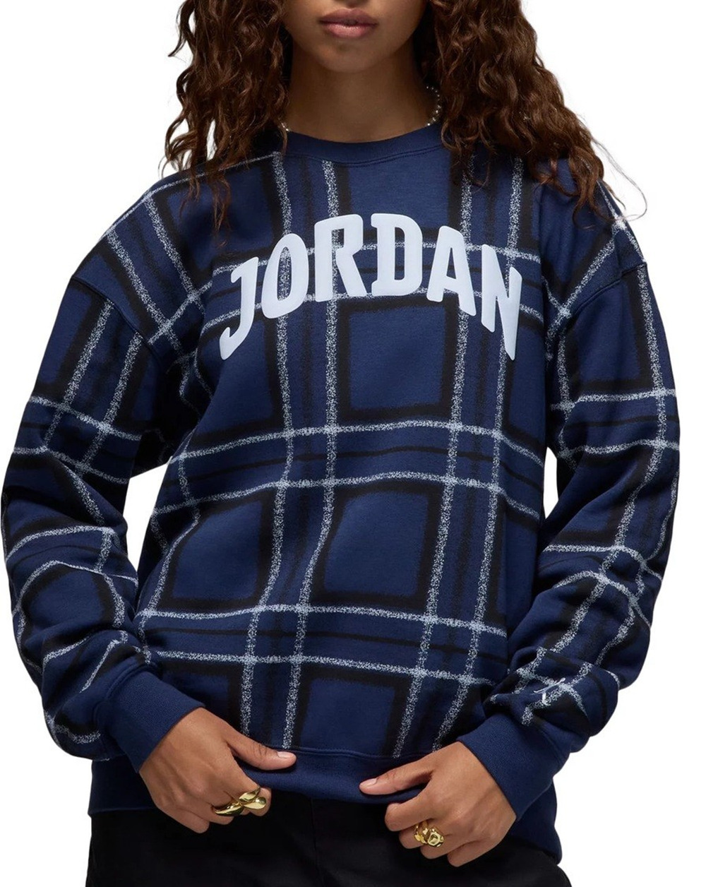 Jordan Brooklyn Fleece Blue Plaid Crew-Neck Sweatshirt sz S Women's HM5498-410